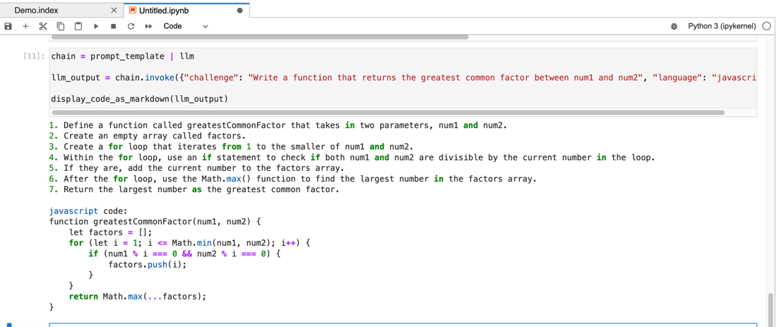 Code displaying the chaining of a template and a Language Model (LLM) via chains within a cell to generate code output.