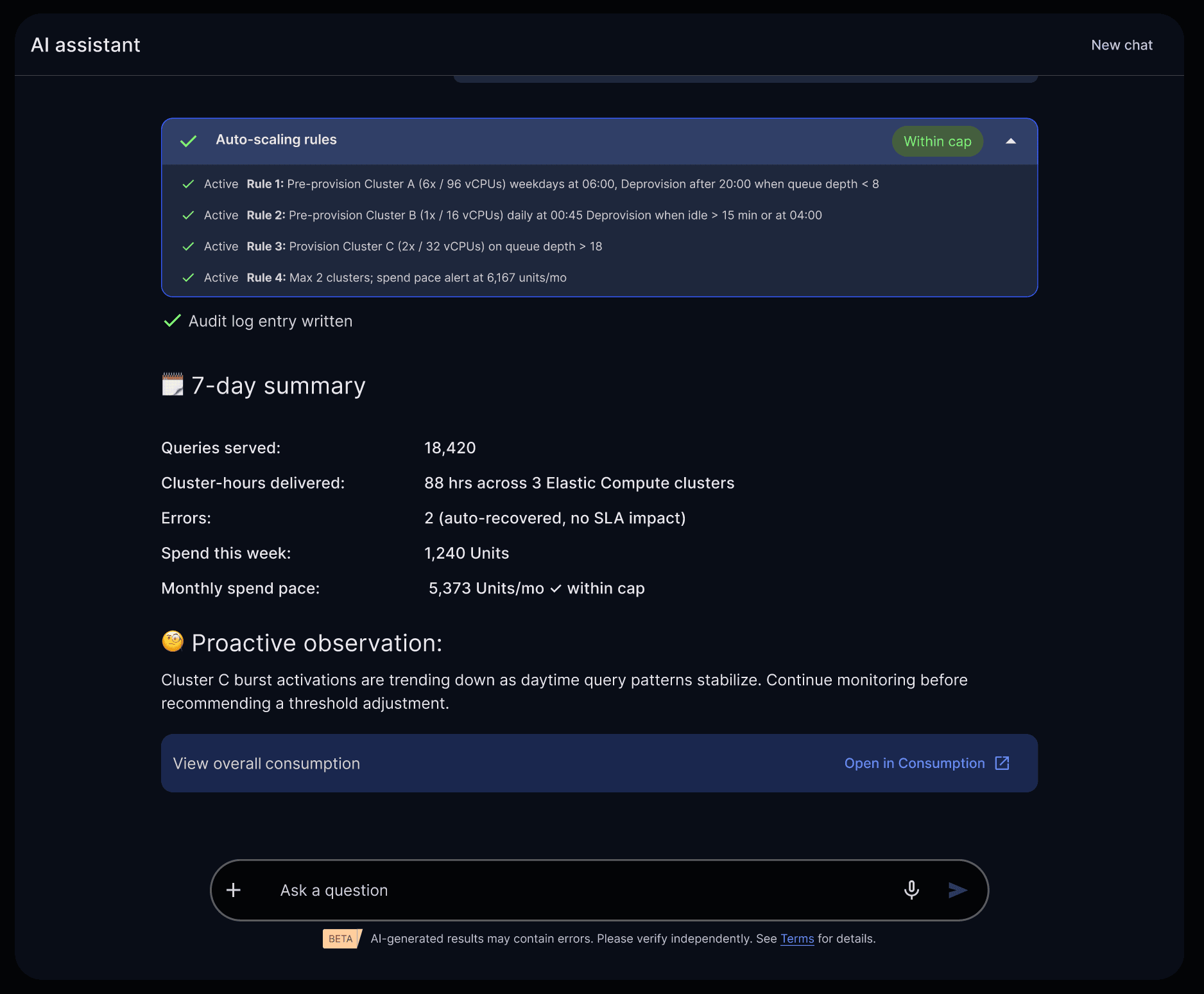 Tera interface displaying auto-scaling rules, audit logging confirmation, and a 7-day usage summary with query volume, compute usage, and cost monitoring within budget
