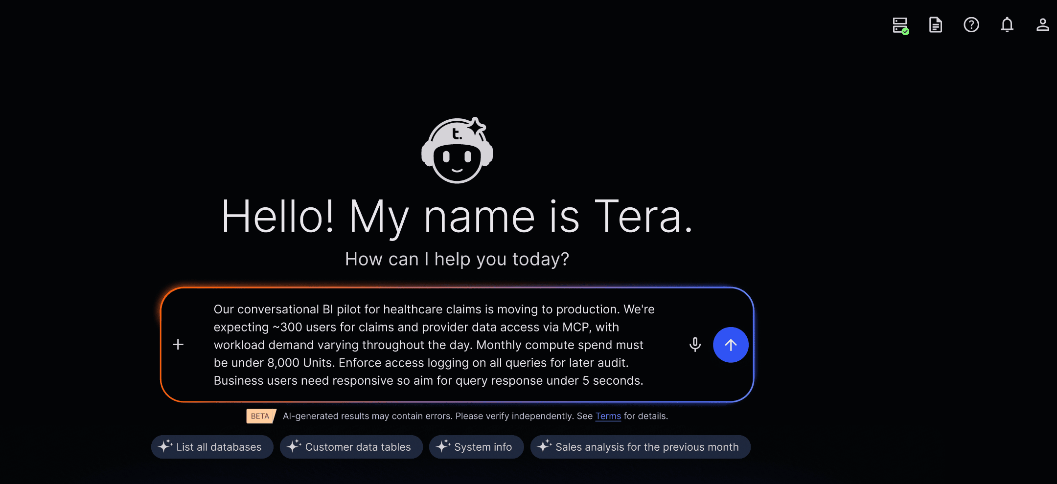  Tera AI interface showing a prompt about scaling a healthcare claims analytics workload with cost, audit, and performance requirements