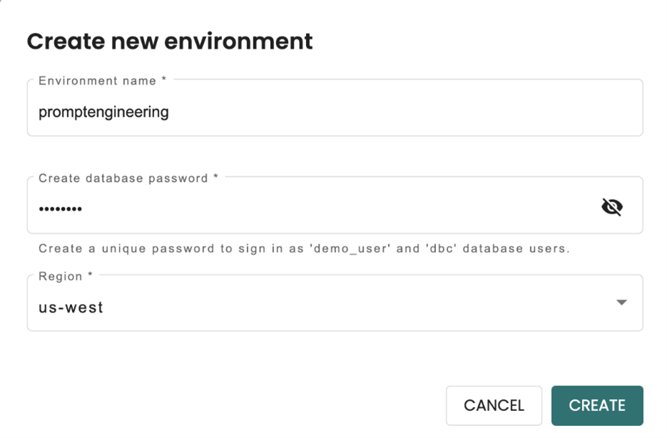 Window to create a new environment featuring fields for environment name, database password, and selection of region.