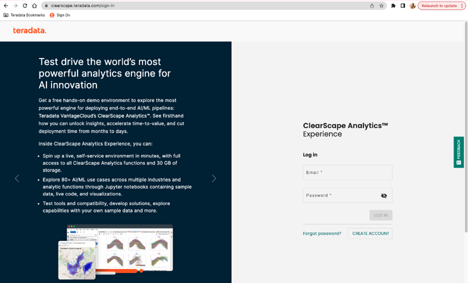 Screenshot of the ClearScape Analytics Experience landing page, featuring a login interface with fields for entering email and password