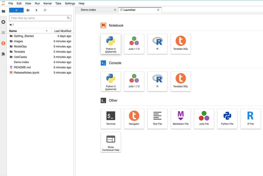 View of the launcher in a Jupyter Notebook environment, showcasing access to various kernels including Python 3, Julia 1.2.2, R, and Teradata SQL, along with a console and additional extensions